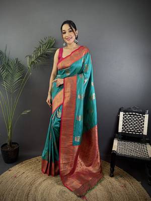 teal silk blend peacock pattern zari weaving contrast border banarasi saree 1