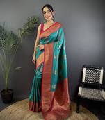 teal silk blend peacock pattern zari weaving contrast border banarasi saree