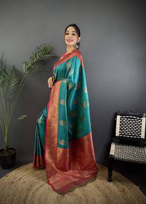 teal silk blend peacock pattern zari weaving contrast border banarasi saree 2