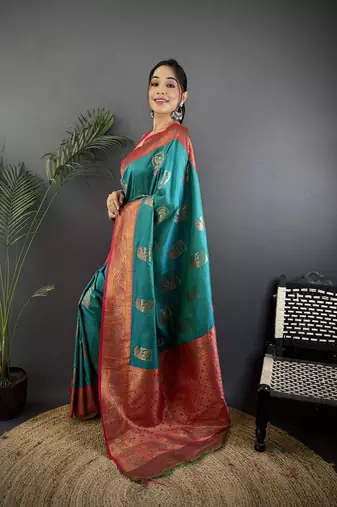 teal silk blend peacock pattern zari weaving contrast border banarasi saree