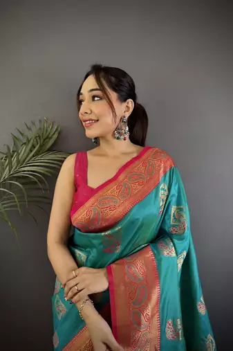 teal silk blend peacock pattern zari weaving contrast border banarasi saree