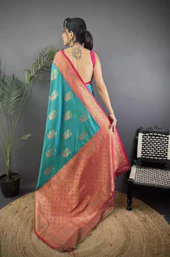 teal silk blend peacock pattern zari weaving contrast border banarasi saree