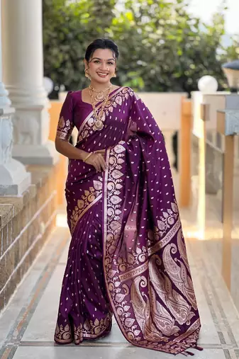 Wine Ombre Banarasi silk blend Woven Saree With Matching Blouse