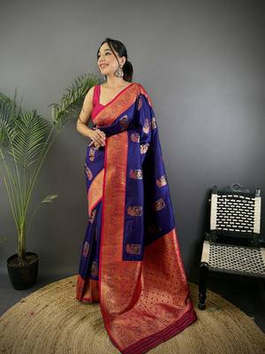 dark blue silk blend peacock pattern zari weaving contrast border banarasi saree 1