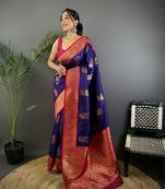 dark blue silk blend peacock pattern zari weaving contrast border banarasi saree