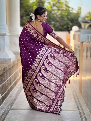 Wine Ombre Banarasi silk blend Woven Saree With Matching Blouse 2