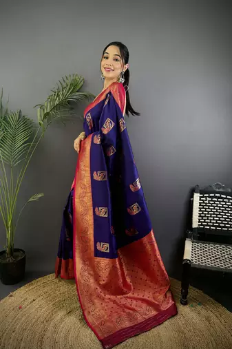 dark blue silk blend peacock pattern zari weaving contrast border banarasi saree