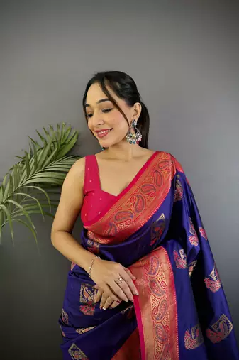 dark blue silk blend peacock pattern zari weaving contrast border banarasi saree