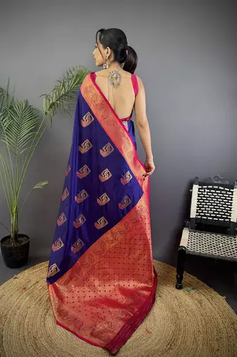 dark blue silk blend peacock pattern zari weaving contrast border banarasi saree