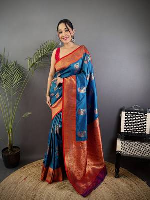 blue silk blend peacock pattern zari weaving contrast border banarasi saree 1