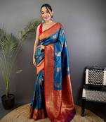 blue silk blend peacock pattern zari weaving contrast border banarasi saree