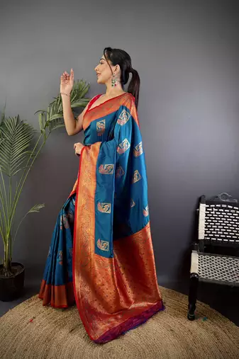 blue silk blend peacock pattern zari weaving contrast border banarasi saree