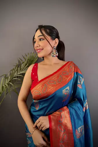 blue silk blend peacock pattern zari weaving contrast border banarasi saree