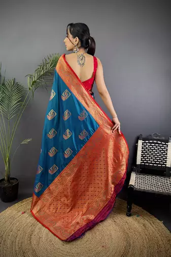 blue silk blend peacock pattern zari weaving contrast border banarasi saree