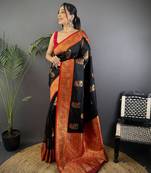 black silk blend peacock pattern zari weaving contrast border banarasi saree
