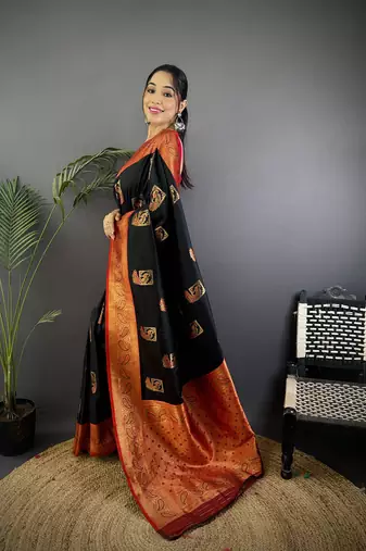 black silk blend peacock pattern zari weaving contrast border banarasi saree