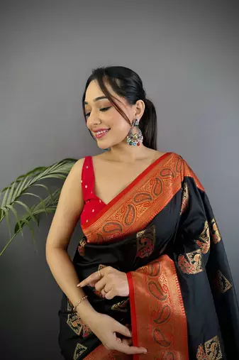 black silk blend peacock pattern zari weaving contrast border banarasi saree