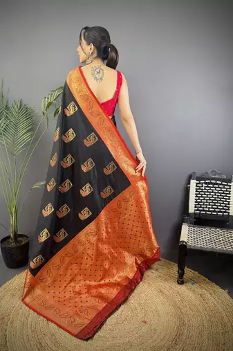 black silk blend peacock pattern zari weaving contrast border banarasi saree