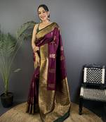purple silk blend peacock pattern zari weaving contrast border banarasi saree