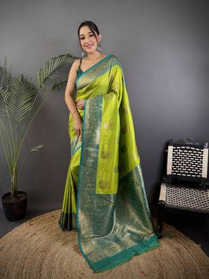 lime green silk blend peacock pattern zari weaving contrast border banarasi saree 1