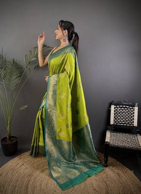 lime green silk blend peacock pattern zari weaving contrast border banarasi saree 2