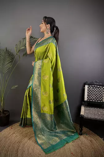 lime green silk blend peacock pattern zari weaving contrast border banarasi saree