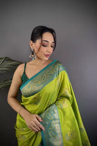 lime green silk blend peacock pattern zari weaving contrast border banarasi saree