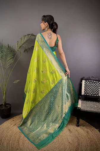 lime green silk blend peacock pattern zari weaving contrast border banarasi saree