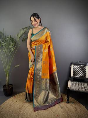 orange silk blend peacock pattern zari weaving contrast border banarasi saree 1