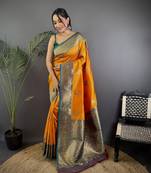 orange silk blend peacock pattern zari weaving contrast border banarasi saree