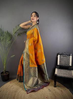 orange silk blend peacock pattern zari weaving contrast border banarasi saree 2