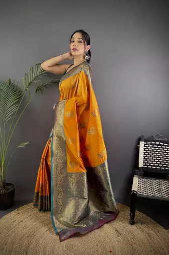 orange silk blend peacock pattern zari weaving contrast border banarasi saree