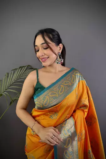 orange silk blend peacock pattern zari weaving contrast border banarasi saree