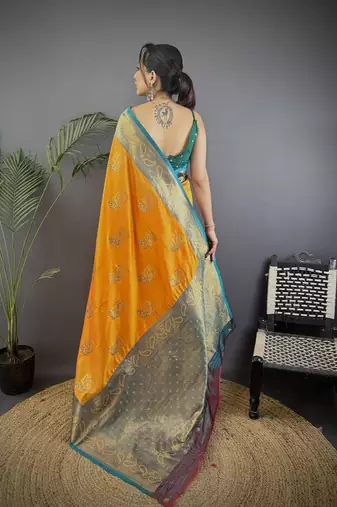orange silk blend peacock pattern zari weaving contrast border banarasi saree