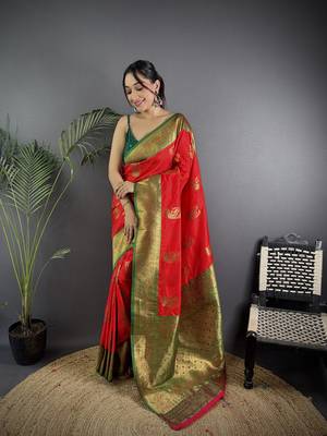 red silk blend peacock pattern zari weaving contrast border banarasi saree 1