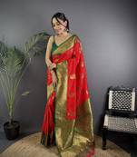 red silk blend peacock pattern zari weaving contrast border banarasi saree