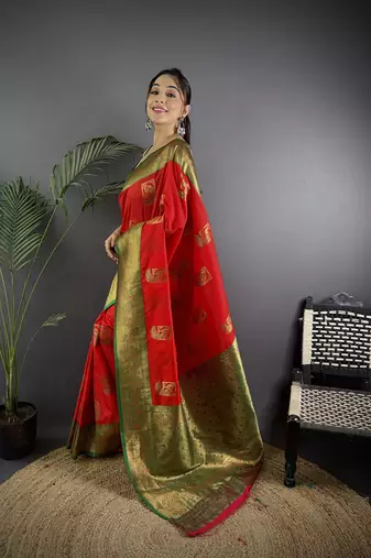 red silk blend peacock pattern zari weaving contrast border banarasi saree