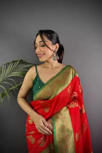 red silk blend peacock pattern zari weaving contrast border banarasi saree