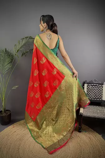 red silk blend peacock pattern zari weaving contrast border banarasi saree