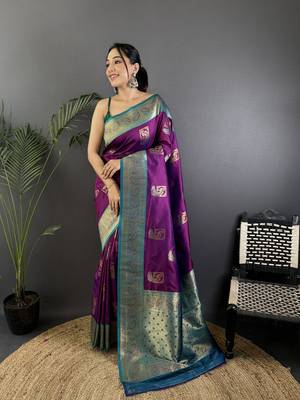 plum silk blend peacock pattern zari weaving contrast border banarasi saree 1
