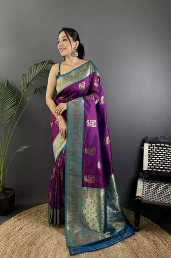 plum silk blend peacock pattern zari weaving contrast border banarasi saree