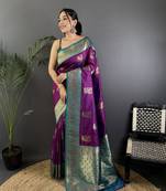 plum silk blend peacock pattern zari weaving contrast border banarasi saree
