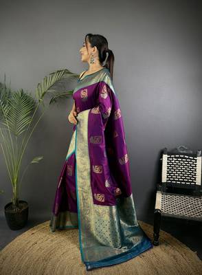plum silk blend peacock pattern zari weaving contrast border banarasi saree 2