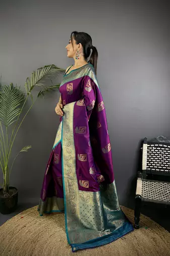 plum silk blend peacock pattern zari weaving contrast border banarasi saree