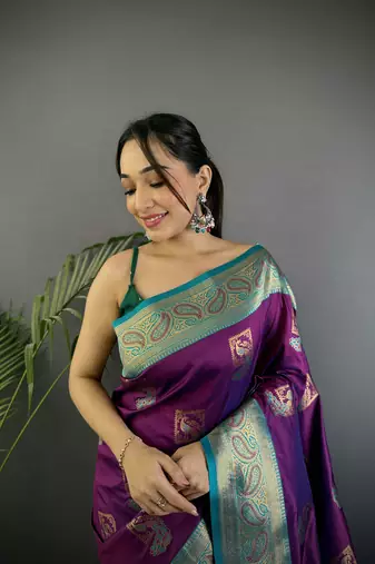 plum silk blend peacock pattern zari weaving contrast border banarasi saree