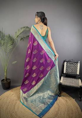 plum silk blend peacock pattern zari weaving contrast border banarasi saree 4