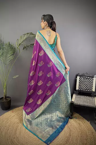 plum silk blend peacock pattern zari weaving contrast border banarasi saree