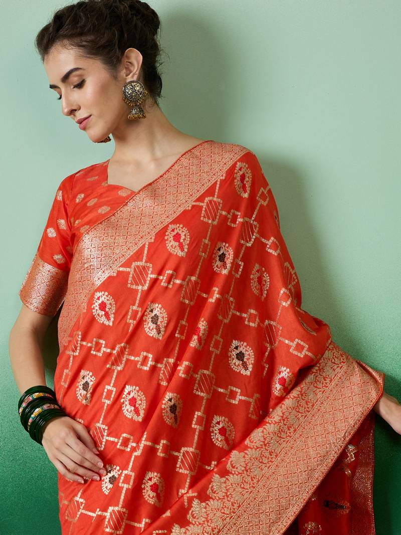 orange Banarasi Dola Cotton Saree with Blouse