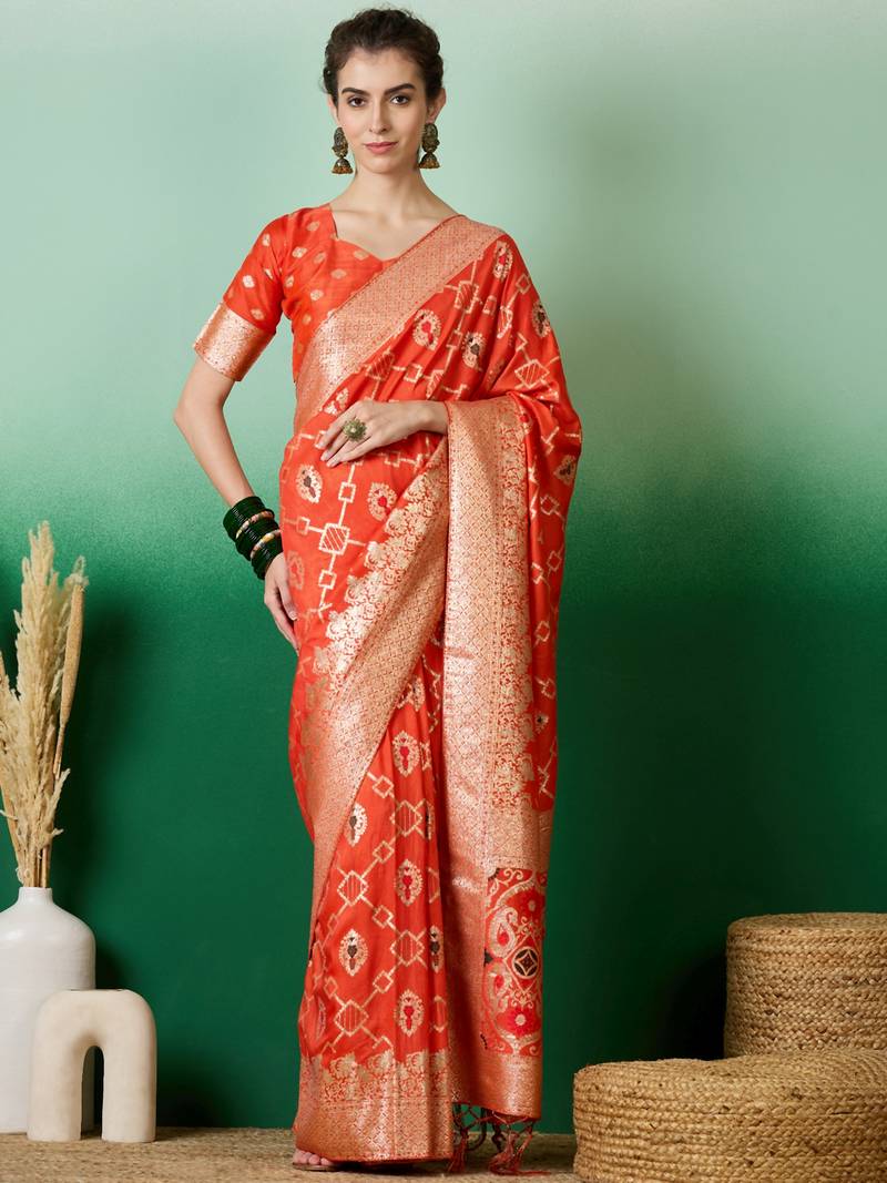 orange Banarasi Dola Cotton Saree with Blouse