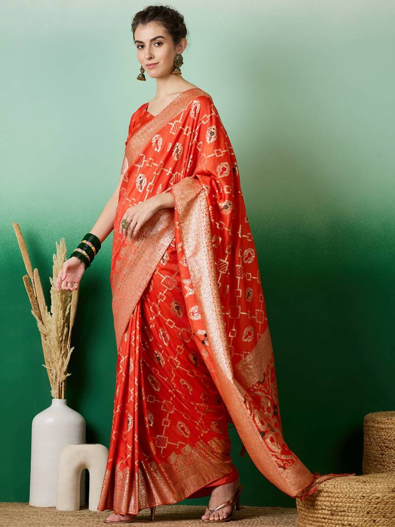orange Banarasi Dola Cotton Saree with Blouse